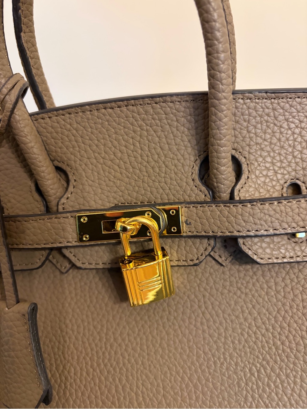 Taupe( a grey beige)  Vegan Leather Top-Handle Satchel with Gold Hardware - Picture 6 of 11